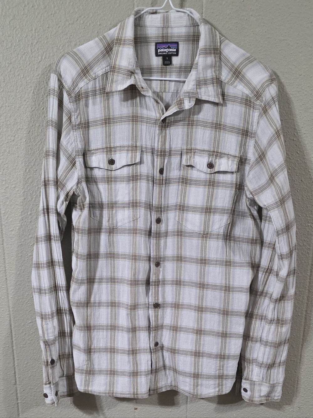 Women's Patagonia White & Brown Plaid Button-Down Shirt Organic Cotton Sz S
